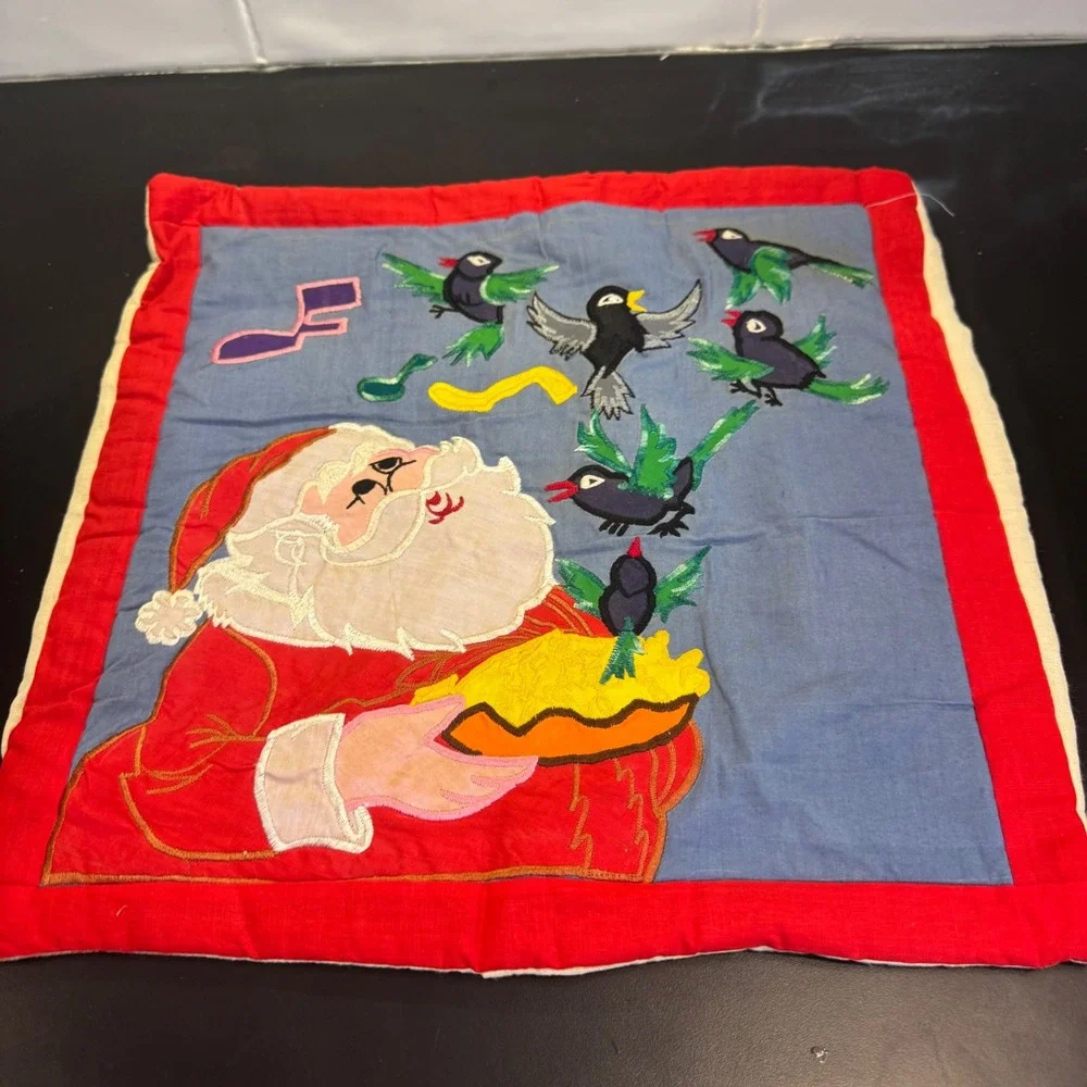 Handmade Pillow Cover‎ Home 16x16 Red Blue Santa Blackbirds Pie Folk Art
